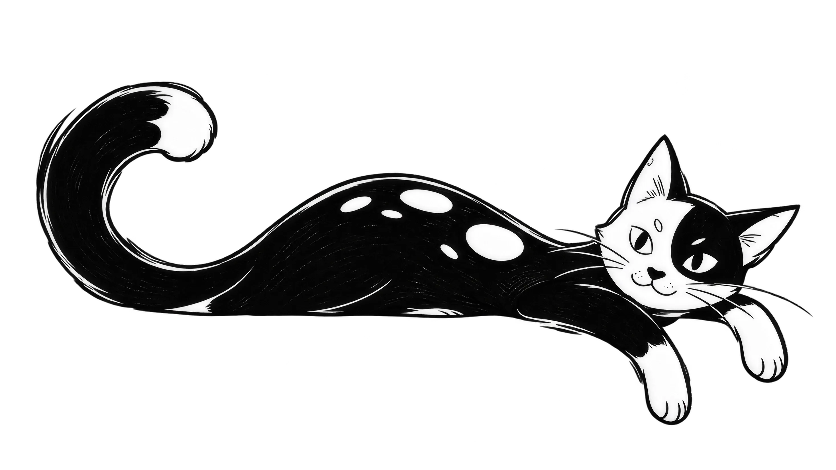 A black and white cat stretching lazily across the page