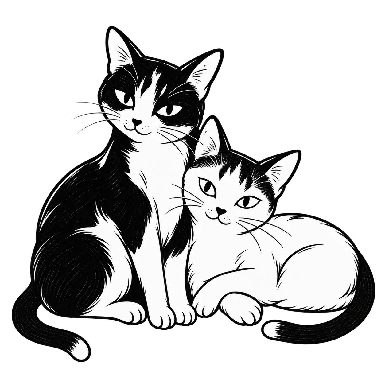 Two black and white cats cuddling on a cushion